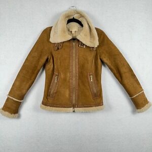 Michael Kors Suede Leather Sherpa Moto Jacket Lambs Wool Lined Spain Sz Small